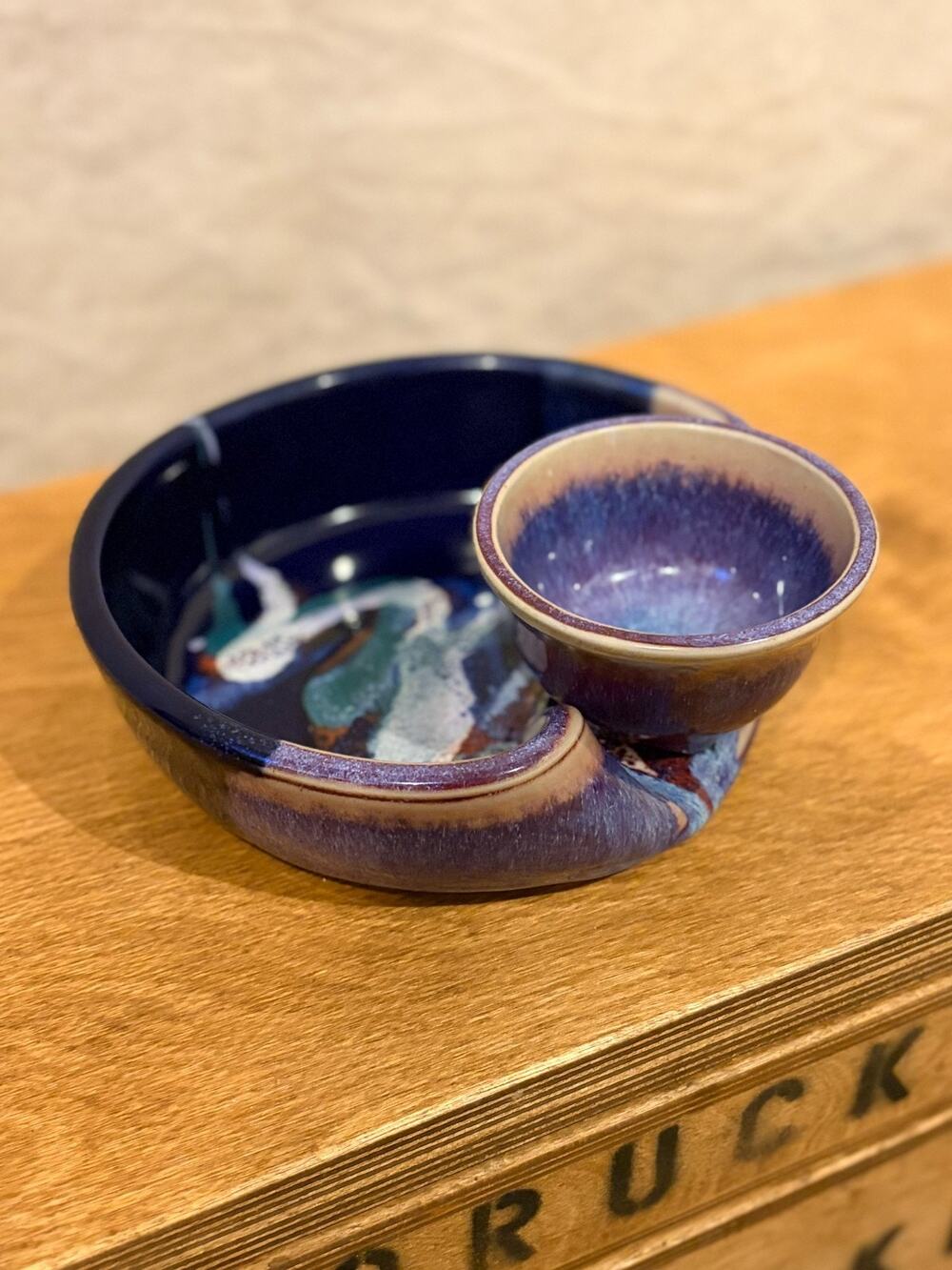 Studio Pottery Dish & Bowl Set Signed Abstract Drip Glaze 7in Dish 3.5in Bowl